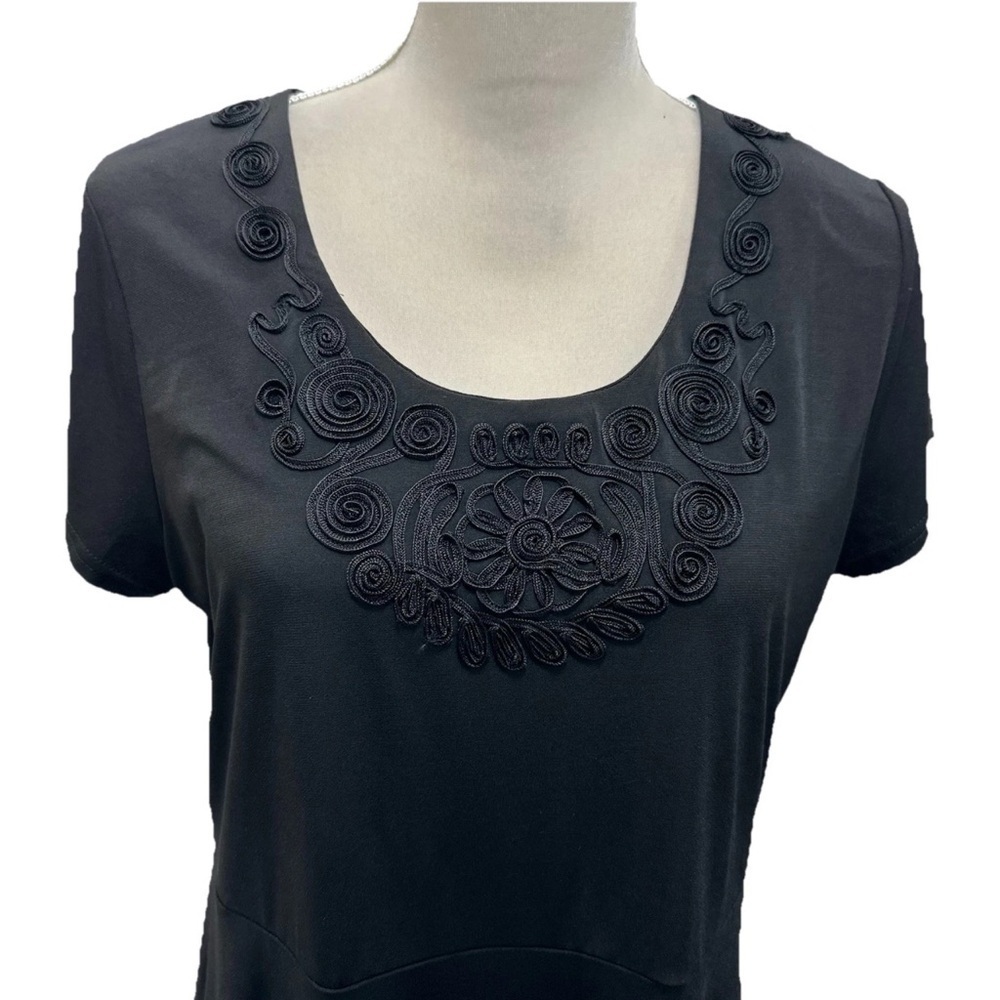 Coldwater Creek Dress Size PL 14 Soutache Scroll Black Midi Cap Sleeve Stretch
